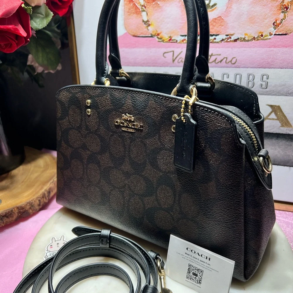 Coach Mini Lillie Carryall in signature coated canvas and smooth black leather. - Picture 4 of 12
